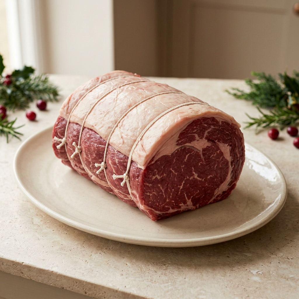 Raw rolled sirloin tied with butcher’s string in matching Christmas styling