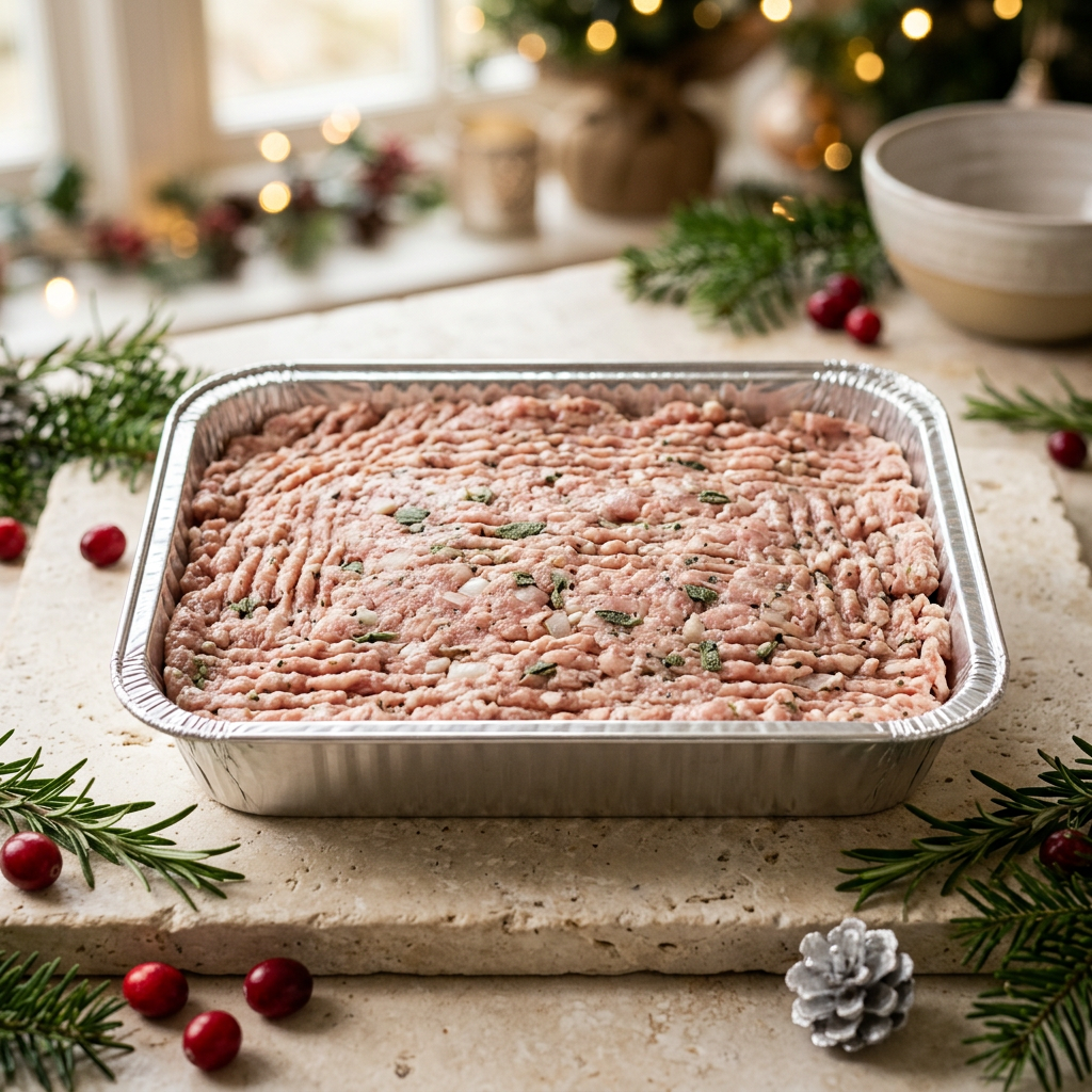 Raw sausage meat stuffing tray with Christmas styling