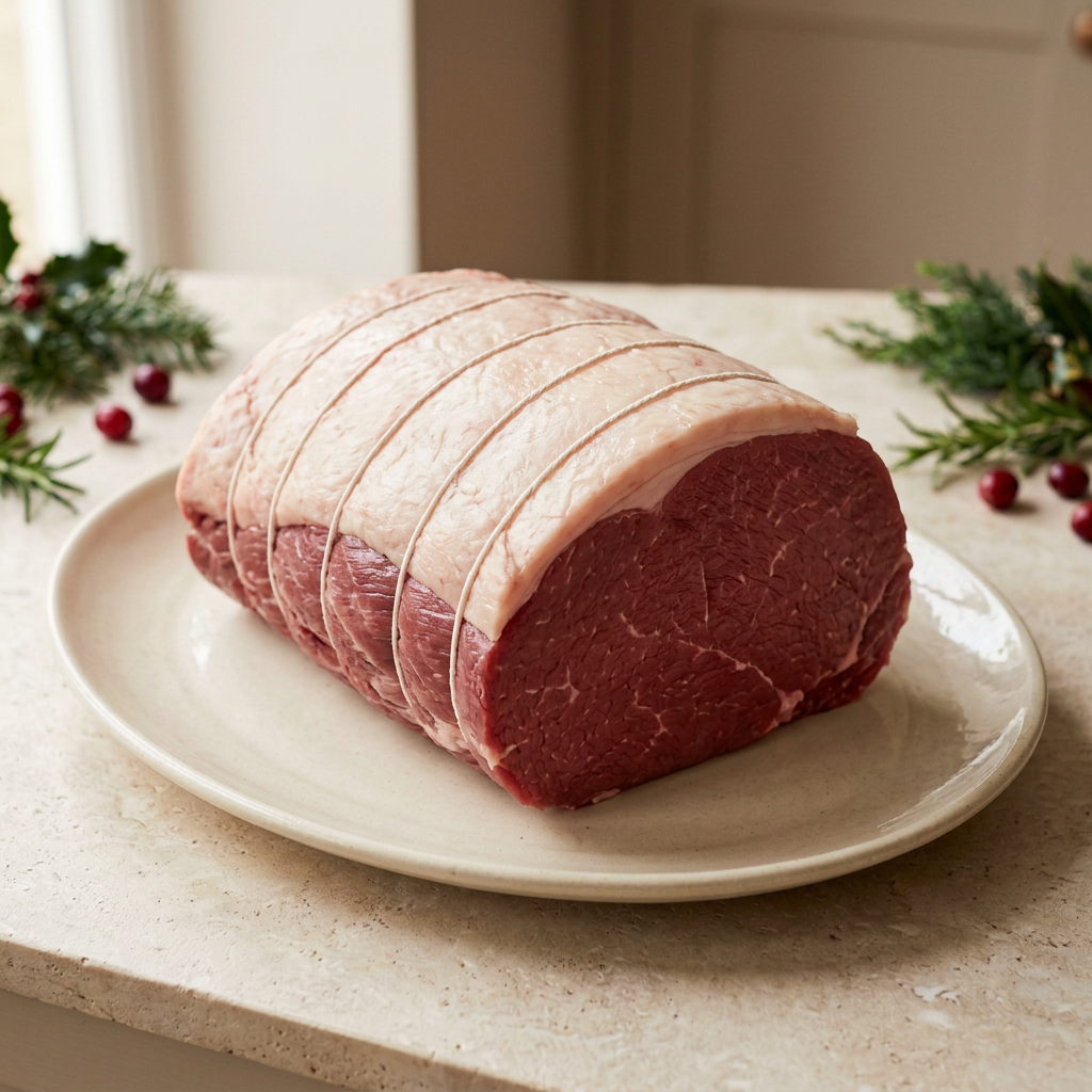 Raw topside beef joint with matching Christmas styling