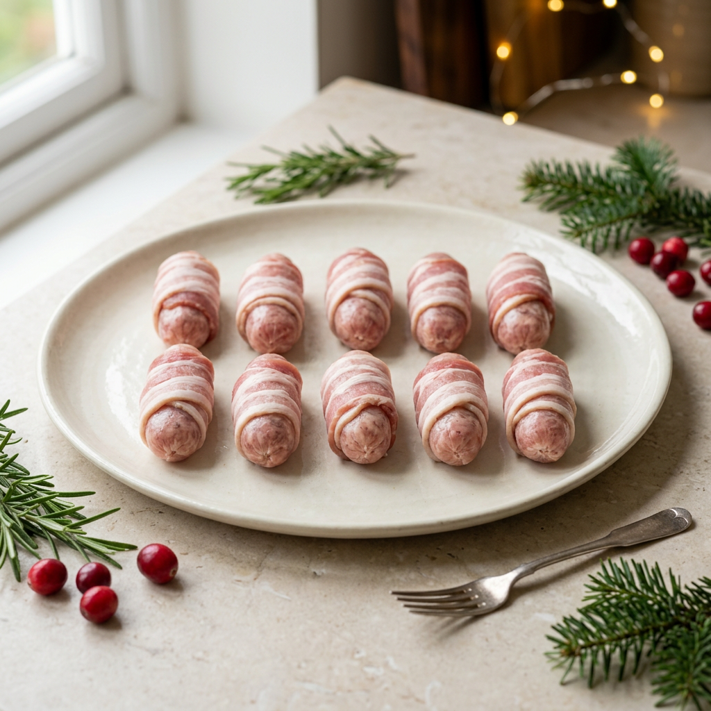 Ten raw pigs in blankets with Christmas styling