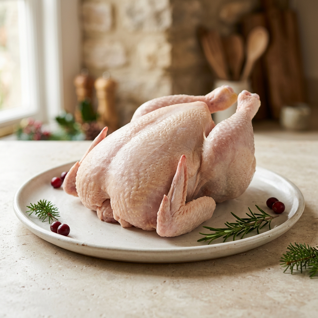 Whole raw chicken in a subtle Christmas setting