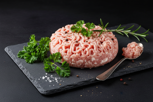 chicken mince on something black with greenery to look nice