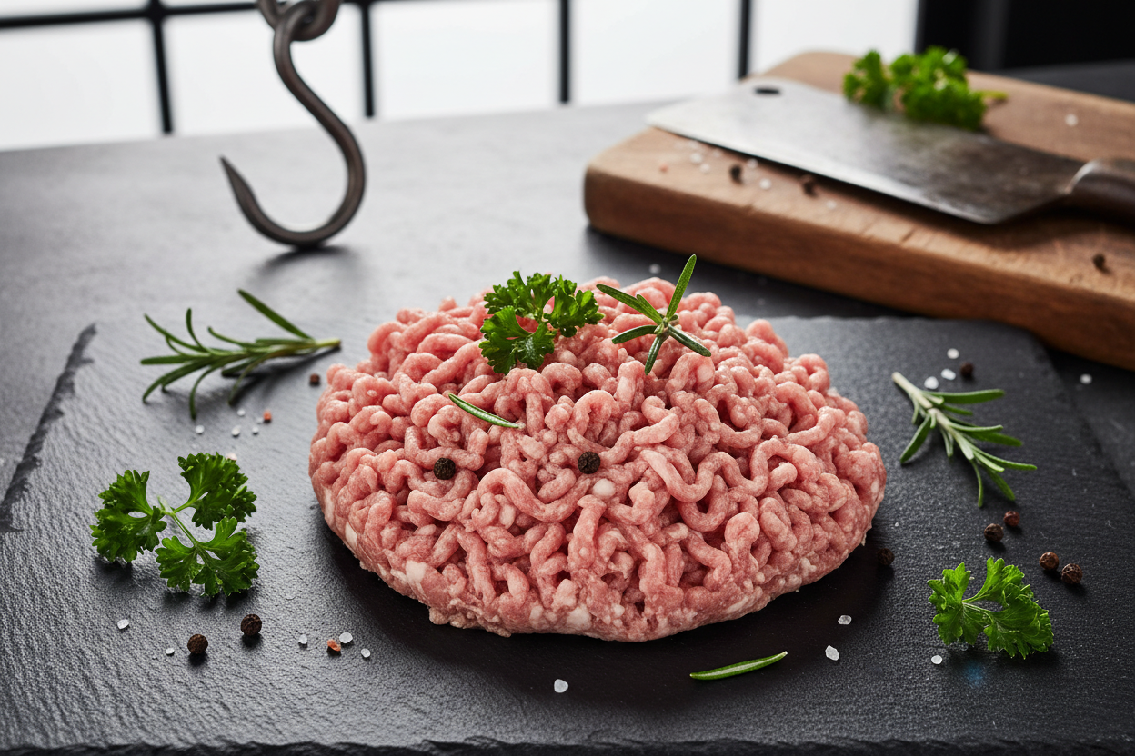 pork mince on something black with greenery on it to look nice 