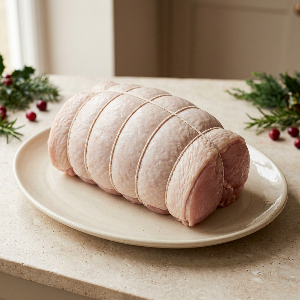 Raw boneless turkey breast joint tied with butcher’s string in a Christmas setting