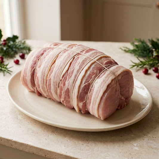 Raw boneless turkey joint topped with streaky bacon and tied with butcher’s string