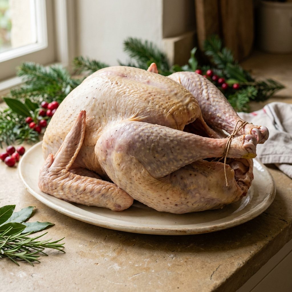 Raw bronze turkey with darker feather follicles in a Christmas setting