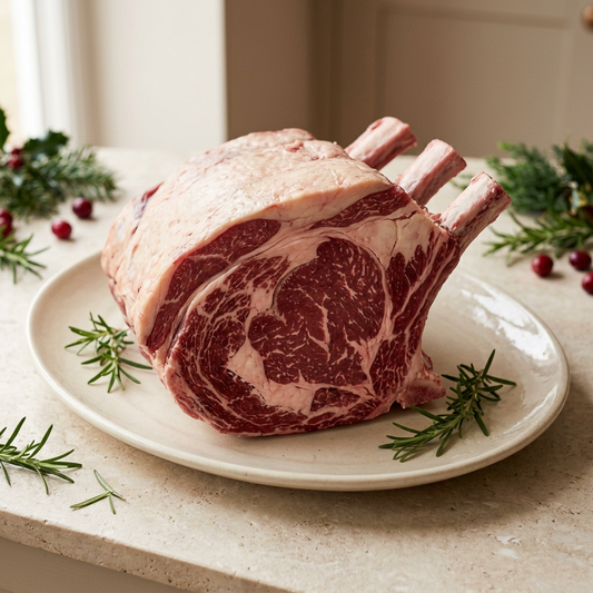 Raw rib of beef with generous marbling and Christmas styling