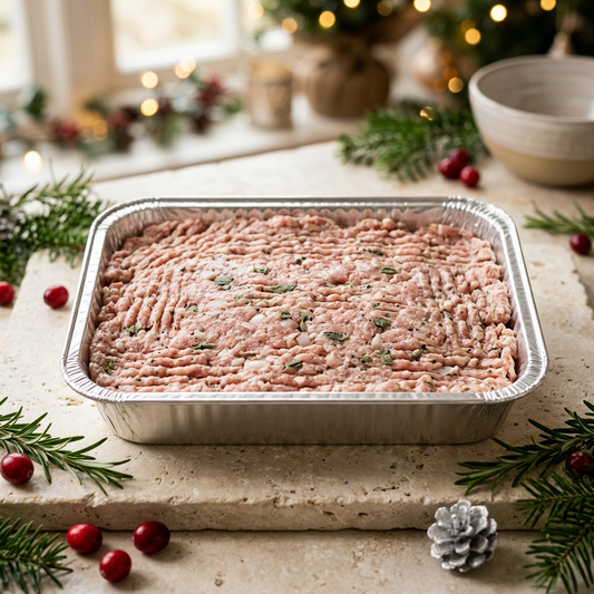 Raw sausage meat stuffing tray with Christmas styling