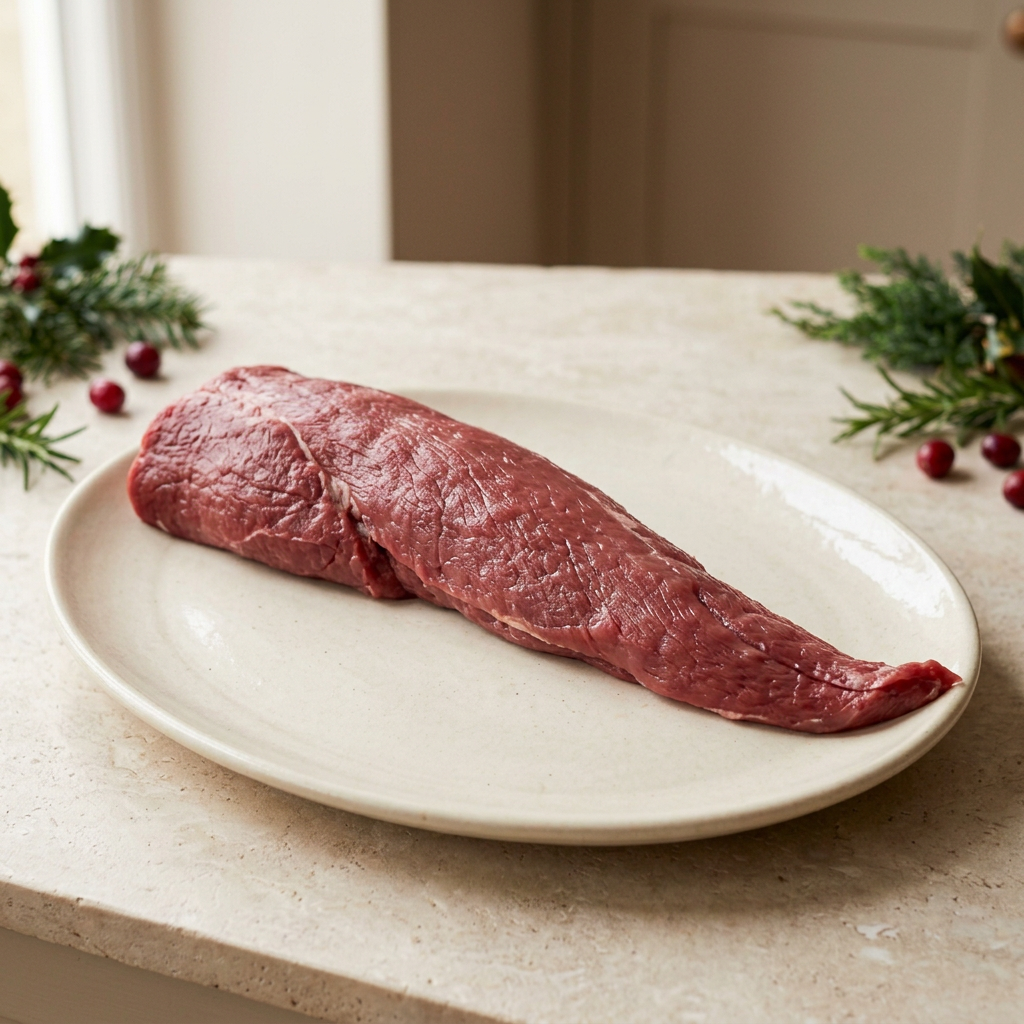 Whole raw beef fillet with matching Christmas styling