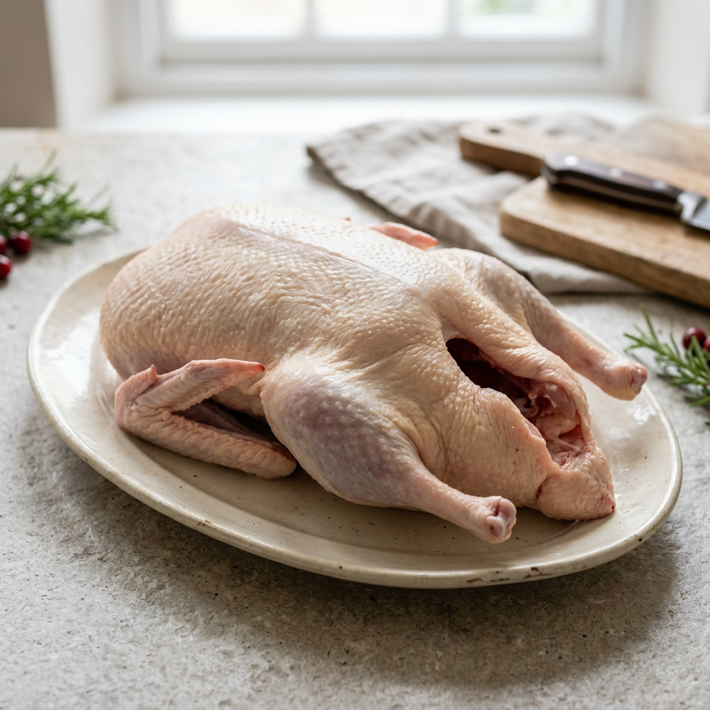 Whole raw duck on a cream platter